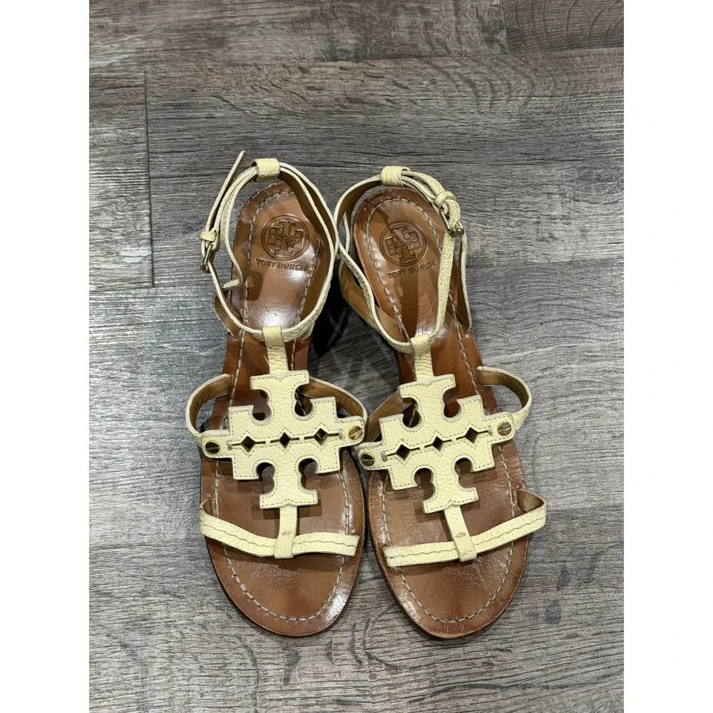 Tory Burch Miller Block Heel Sandals Cream Leather Logo Ankle Strap Womens 7.5M